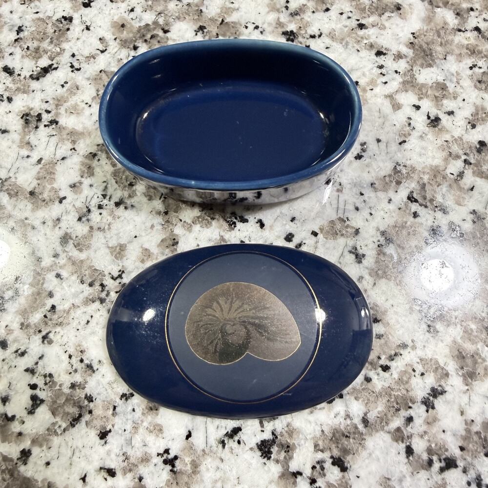 Nautilus Otagiri Japan Oval Trinket Box Dish Nautilus Shell Blue Small 3" VTG